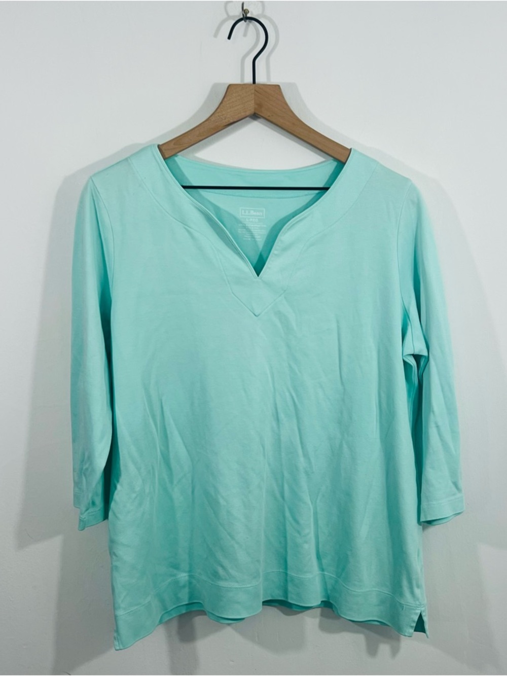 L.L. Bean Minty Blue V Neck 3/4 Sleeve Pullover Supima Cotton Casual Size L